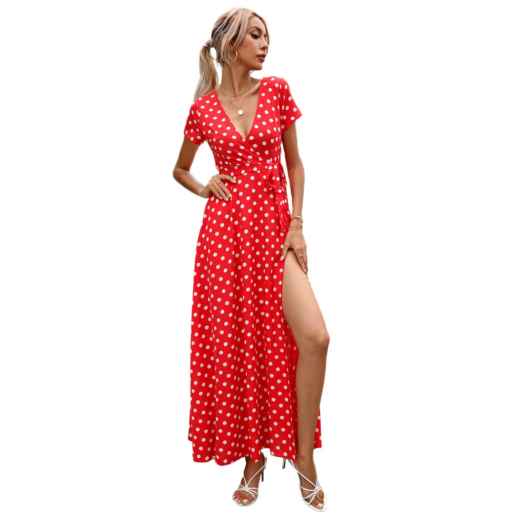

Split Short-Sleeved Dress Casual Women Clothing Sexy Dress Polka-Dot Waist V-Neck Loose Long Skirt 2021 Summer Evening Dresses