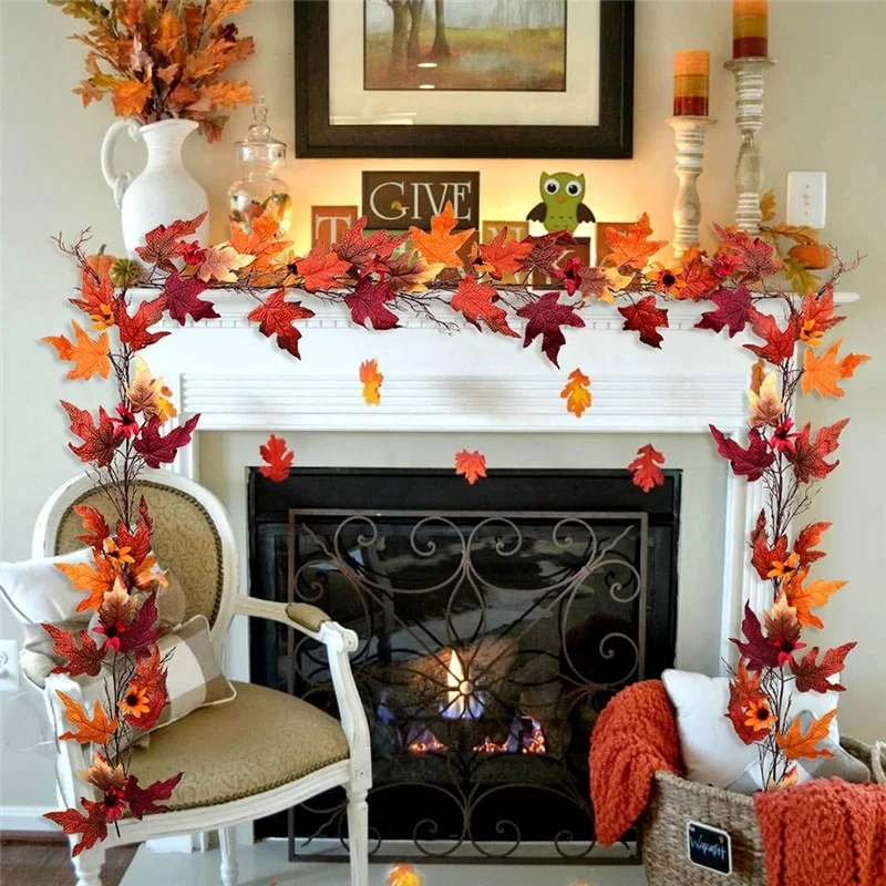 

2.4M Artificial Vine Red Autumn Maple Leaf Fake Garland Plants Foliage String Christmas Garden For Wedding Party Home Decoration