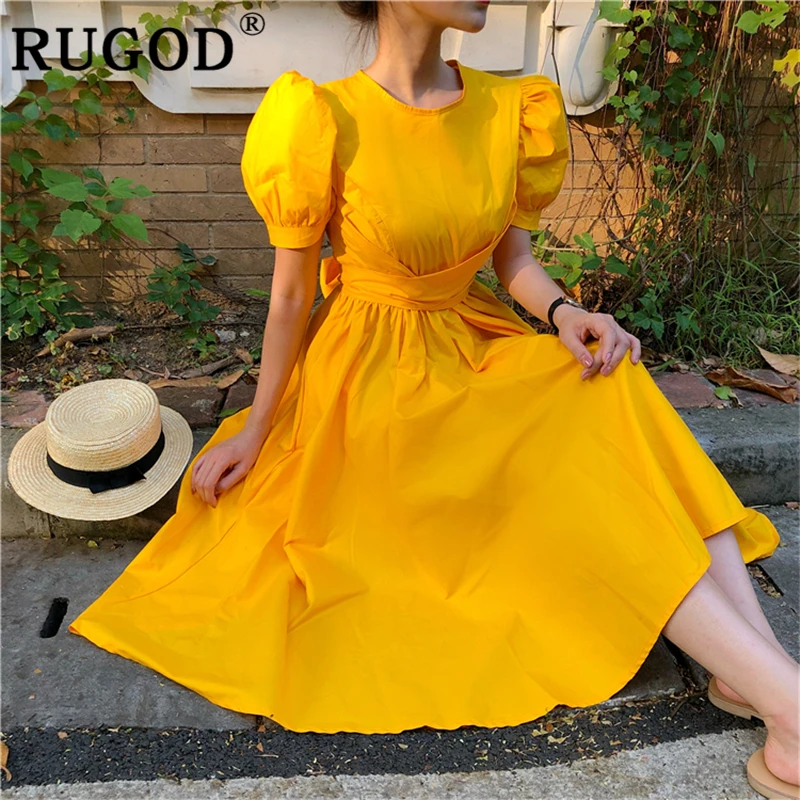 

Женское платье с поясом RUGOD, элегантное пляжное платье с круглым вырезом и пышными рукавами, с большим подолом, лето