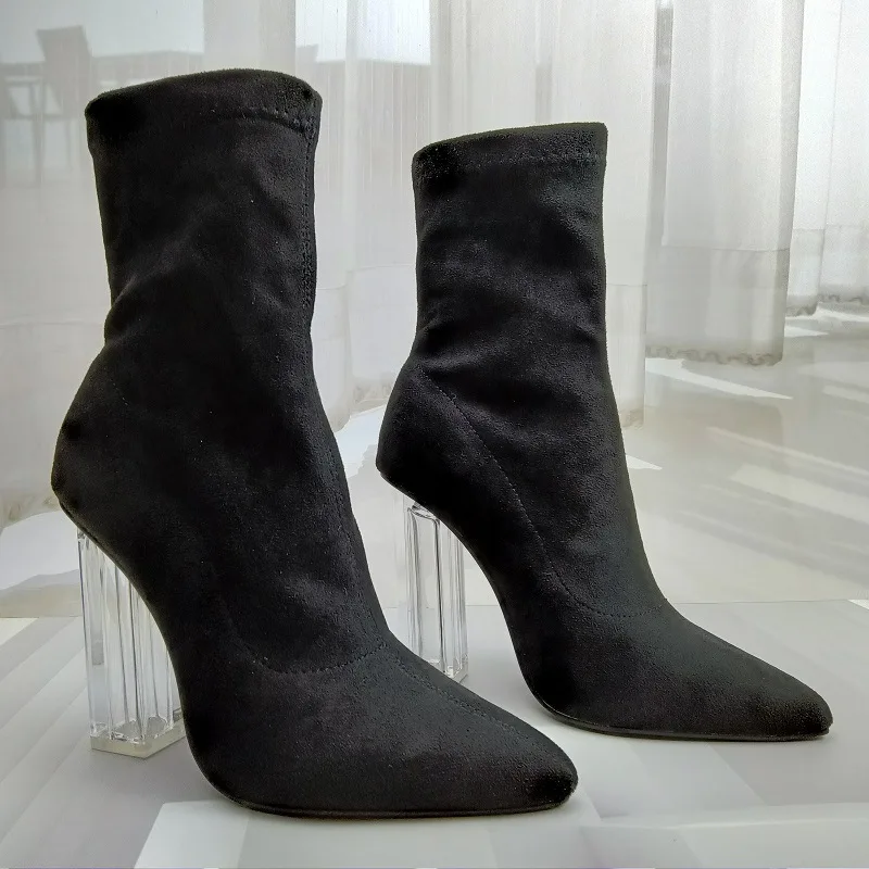 

Sexy Women's Boots Transparent Pointed Heel Women's Boots Suede Crystal Heel Women's Short Boots Women's High-heeled Shoes 41 42