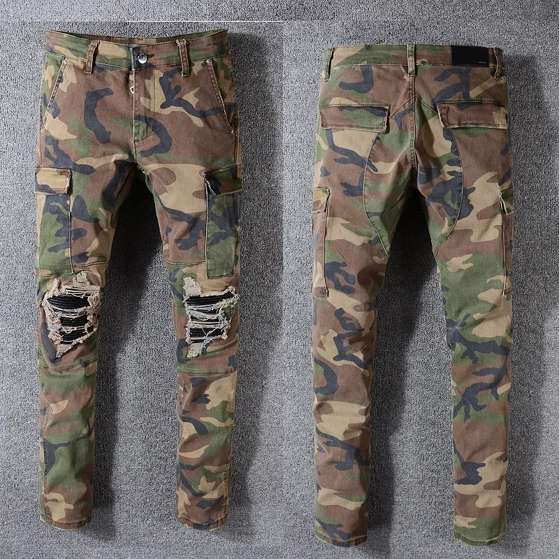 

2021 Camoufiage Patchwork Jeans for Men Streetwear Denim Jeans for Men Designer Slim Git Mens Colthing Black Jeans Pencil Pants