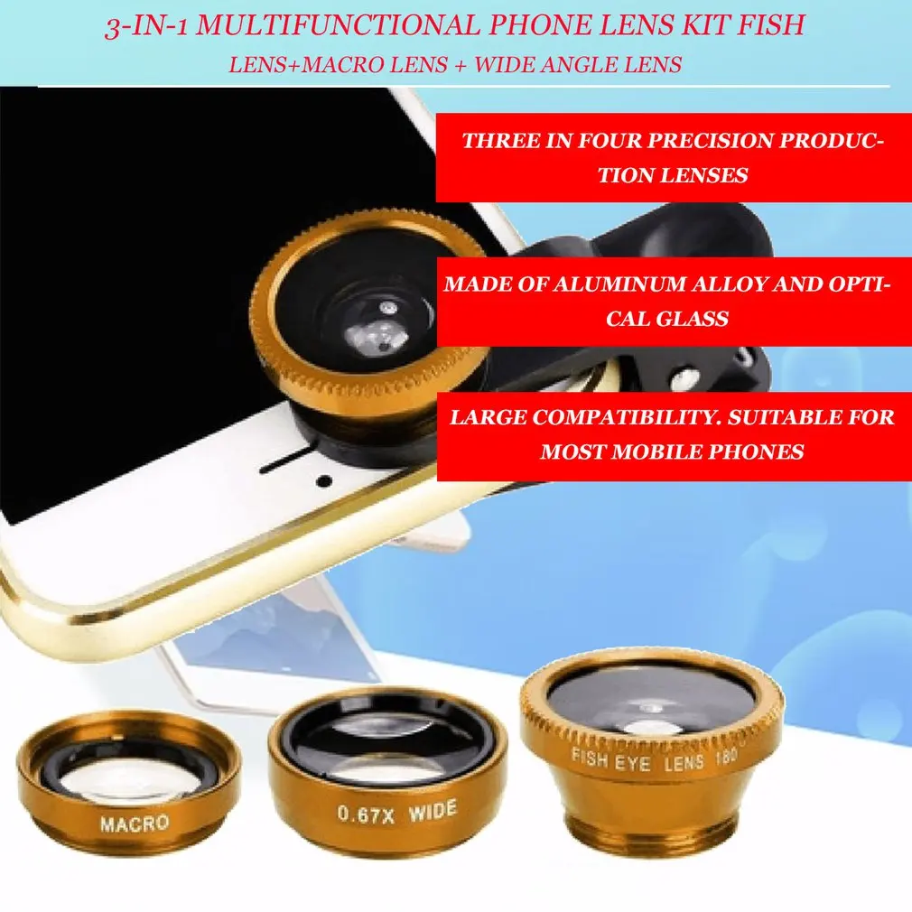 

3-in-1 Multifunctional Phone Lens Kit Fish Lens+Macro Lens + Wide Angle Lens Transform Phone Into Professional Camera