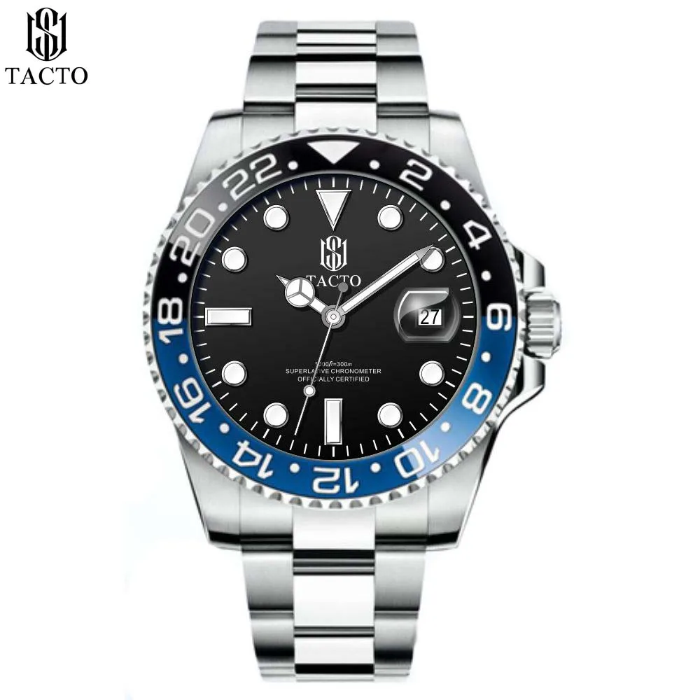 Мужские часы марки класса &quotлюкс&quot TACTO Master GMT японские кварцевые из нержавеющей