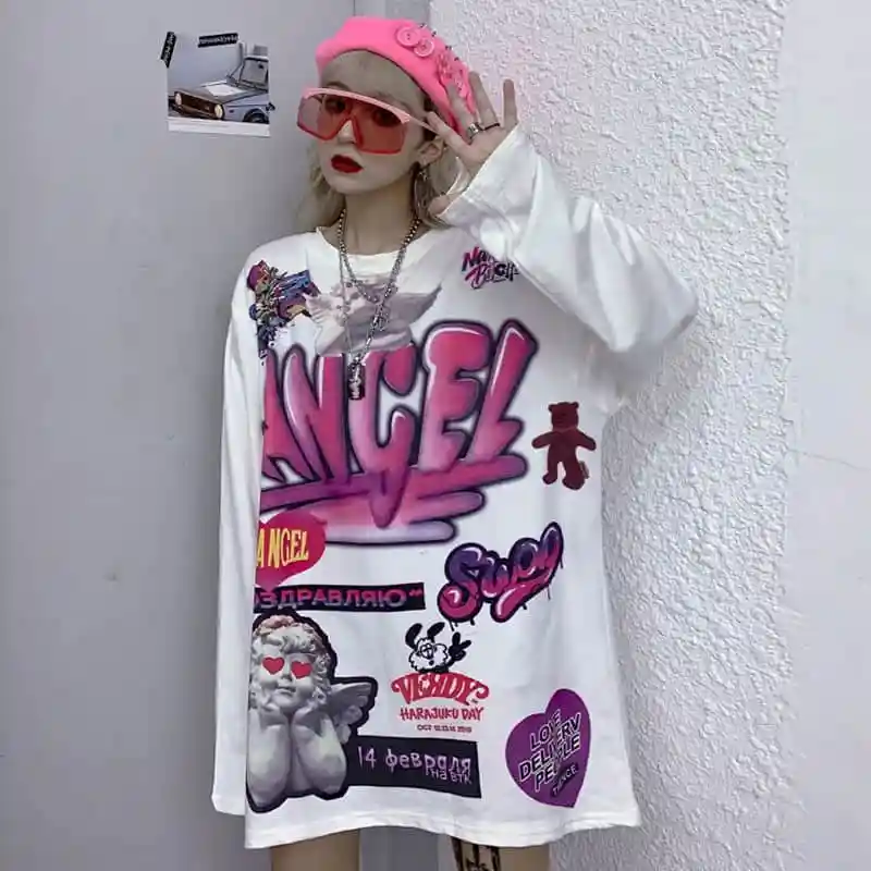 

Harajuku футболки с длинным рукавом, с круглой горловиной, с принтом с героями мультфильмов свободные Весенняя новинка Женская одежда Топы в по...