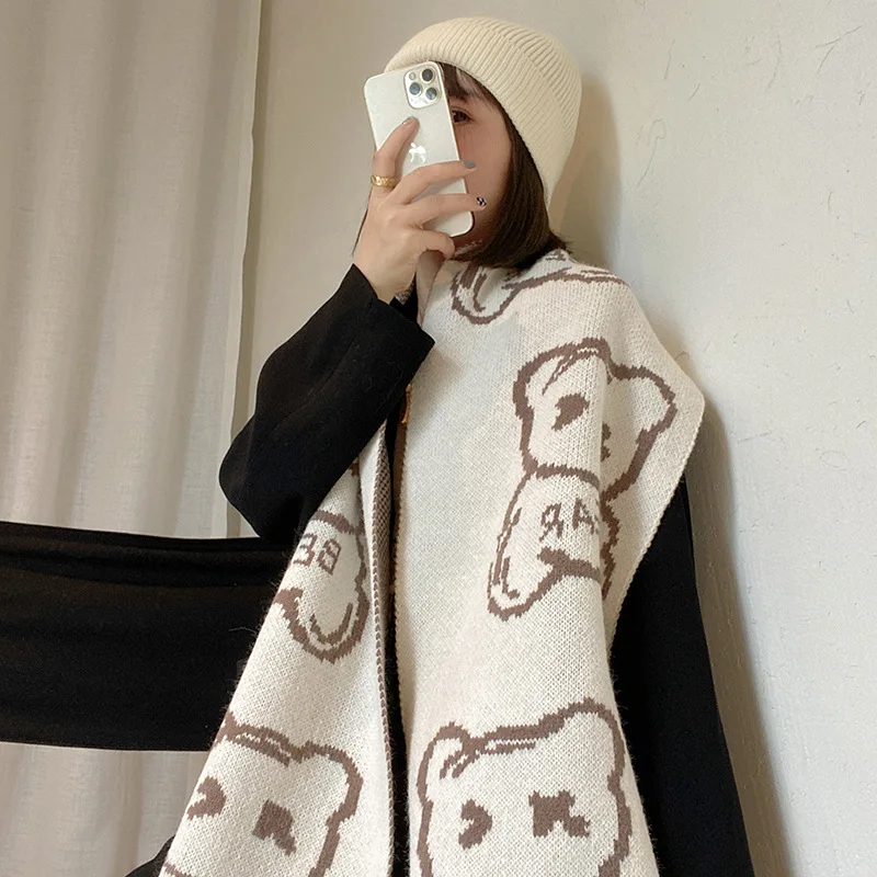 

Новинка Осень-зима 2021 корейский вязаный женский шарф в стиле ins с милым рисунком медведя модный трендовый шарф утолщенный теплый outsideShawl