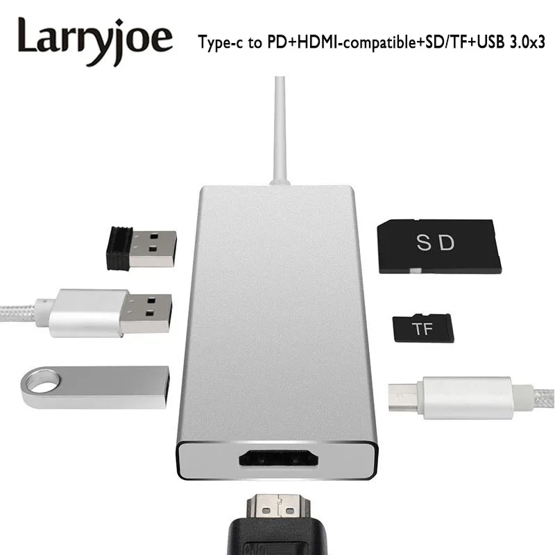 Larryjoe 7 в 1 Type c концентратор USB 3 TYPE C к HDMI совместимый + PD SD TF кардридер многопортовый