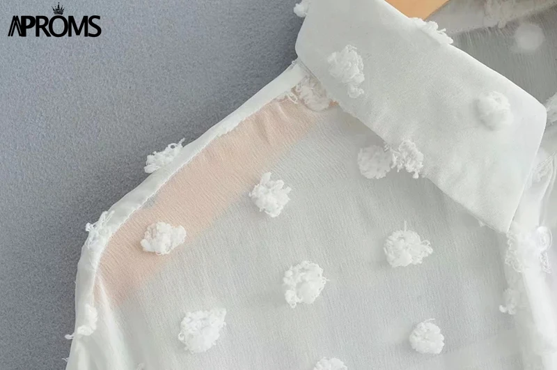 Aproms, винтажные, в горошек, с кисточками, белые блузки, рубашки для женщин,, длинный рукав, Пляжная туника, элегантная шифоновая рубашка, повседневные женские топы