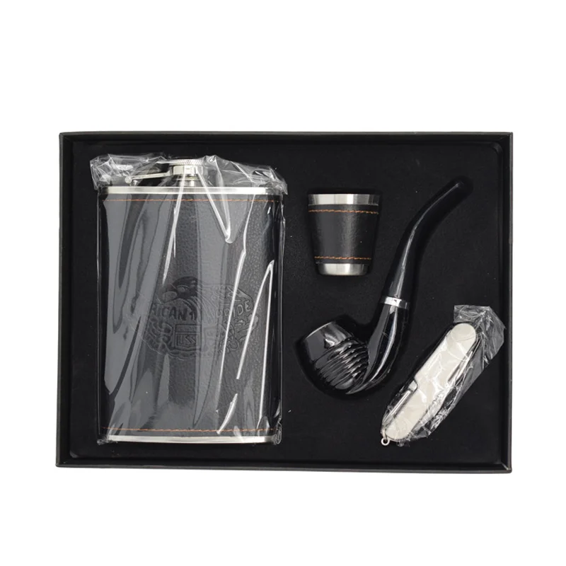 

Outdoor Travel Portable 9 oz Hip Flask with Pipe Wine Glass and Funnel Gift Box Packaging Flagon Set As a Gift For Boyfriend