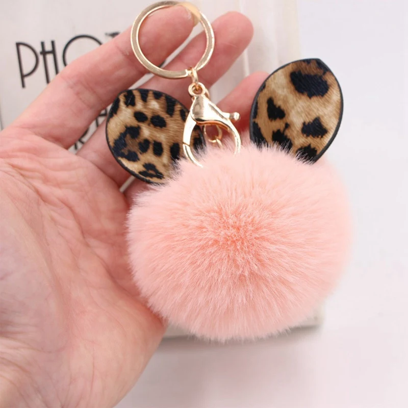 

New 1pc Leopard Print Ear Hair Ball Keychain Rabbit Ear Bag Plush Pendant- About 8cm In Diameter For Ladies Bag Key Accessory