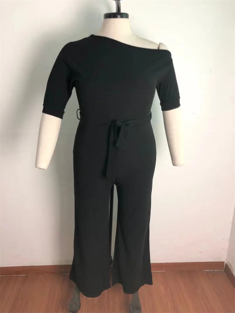 

Adogirl XL-5XL Plus Size Women Solid Jumpsuit Off Shoulder Half Sleeve Loose Romper with Belt Wide Leg Pants Casual Overalls