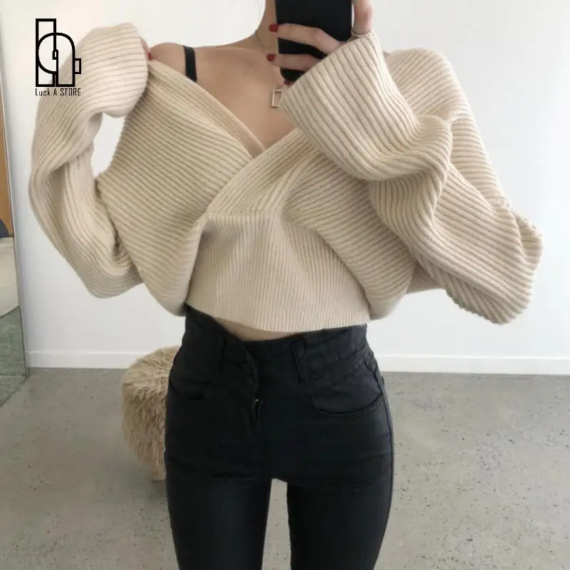 Вязаный женский Повседневный свитер сексуальный ВЯЗАННЫЙ ПУЛОВЕР С