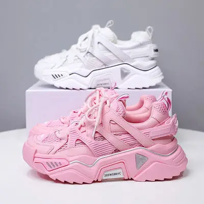 

Женская повседневная обувь на платформе из натуральной кожи, модель 2022 года, модная дышащая сетчатая повседневная обувь на массивном каблу...