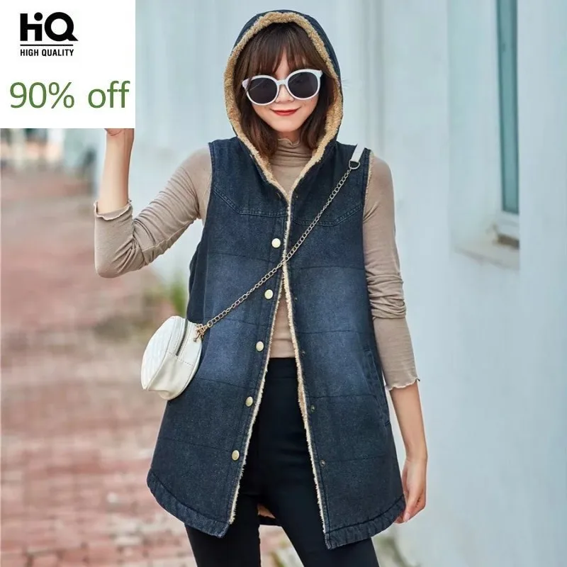 Зимняя винтажная Женская флисовая куртка без рукавов Толстая теплая джинсовая с
