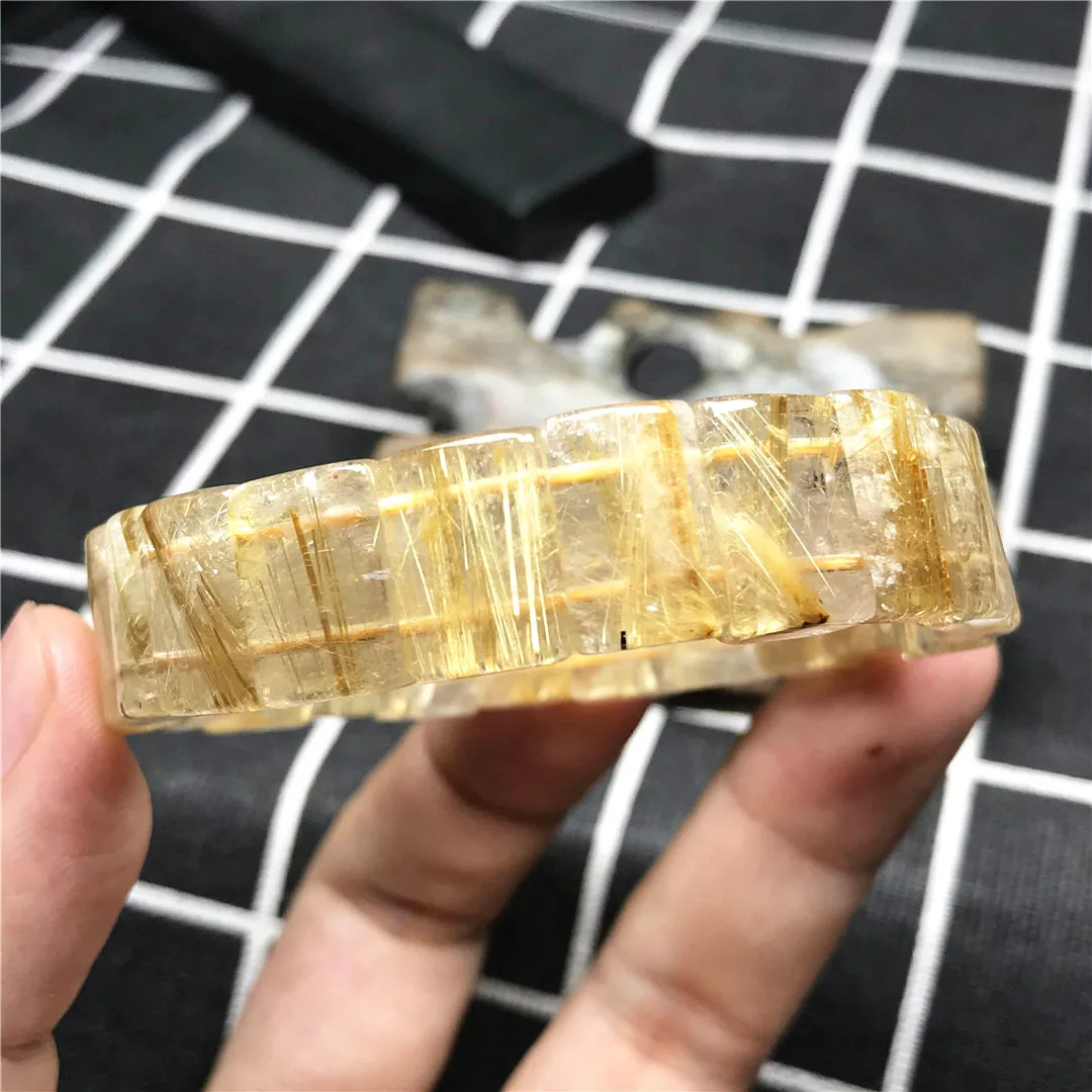 

14mm Natural Brazil Gold Rutilated Quartz Bracelet For Women Men Gift Beads Wealth Luck Gift Stone Stretch Bangle Jewelry AAAAA
