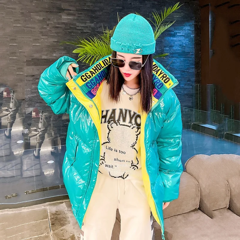 Women's 2021 Fashion New Long Sleeve Stand Collar Puffer Snow Down Bread Coats Female Winter Glossy 90% White Duck Down Jackets