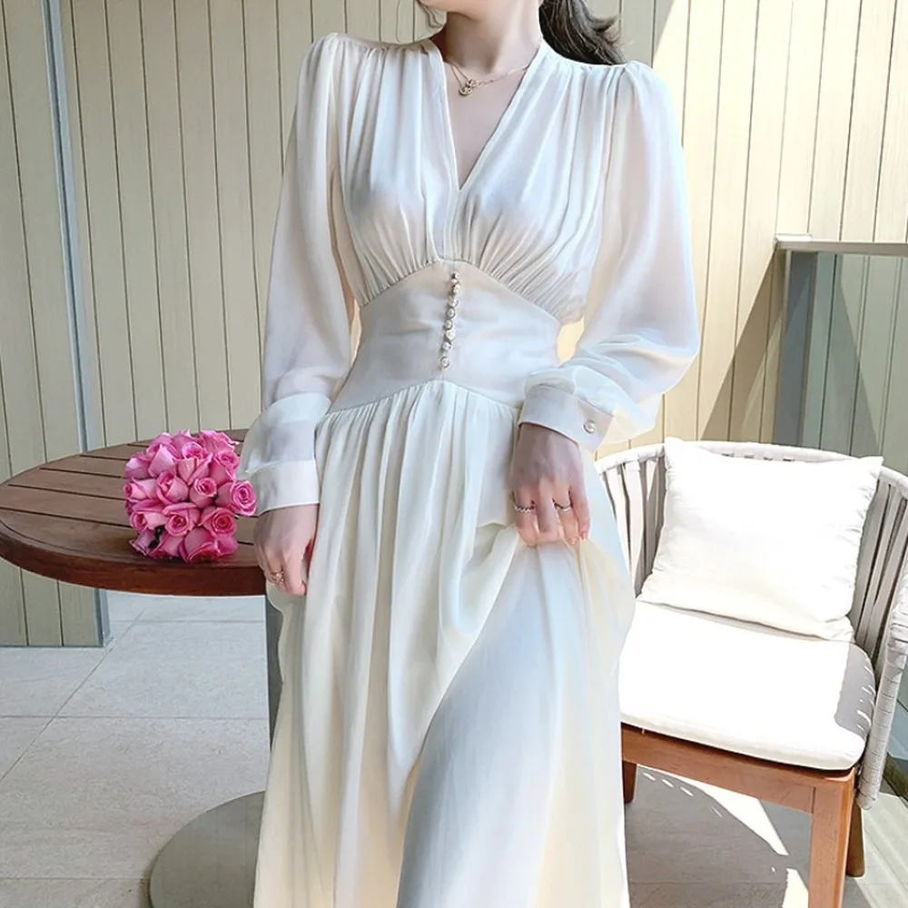 

Новинка 2021, Осеннее элегантное платье, женское однотонное вечернее платье феи с длинным рукавом, офисное женское пикантное свободное плать...