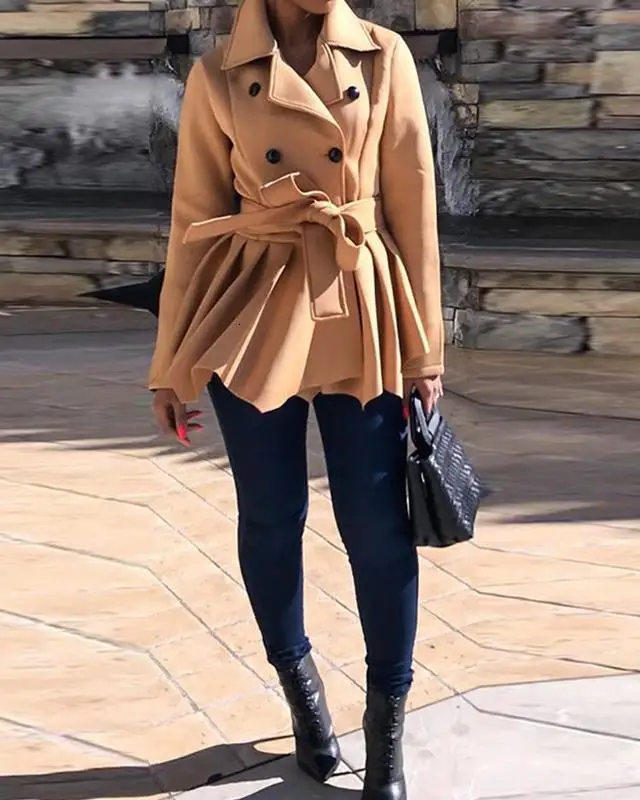 Свободное зимнее пальто для женщин с длинным рукавом и отворотом как многорядная