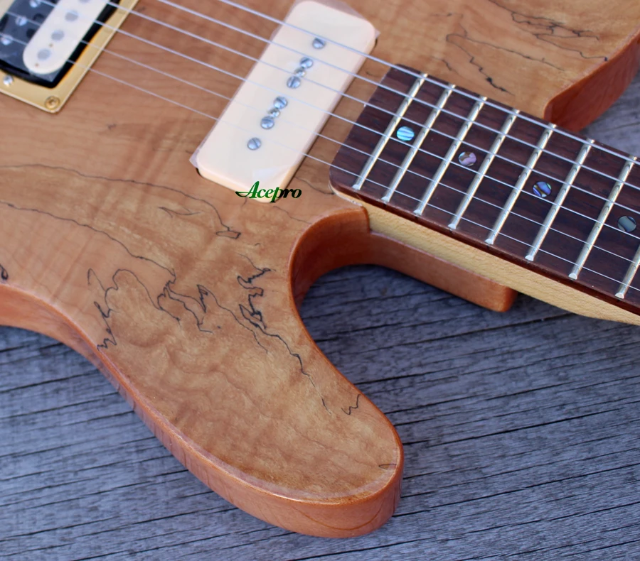 ACEPRO Высокое качество электрогитара, 2 шт. корпус из красного дерева и Spalted клен, Абалон Точки инкрустация, белый жемчуг тюнеры
