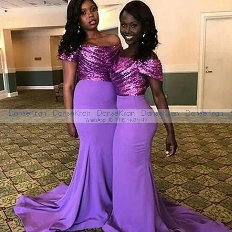 

Shiny Lilac Sequin Mermaid Bridesmaid Dresses for Women Pleat Off The Shoulder Long Satin Wedding Party Dresses with Sweep Train