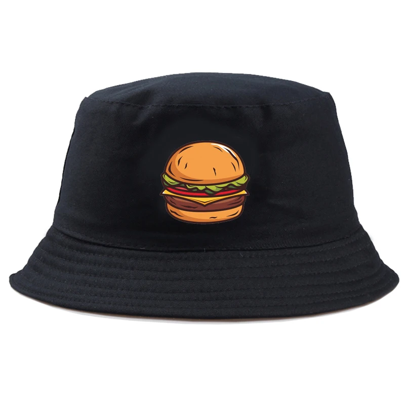 Funny food hamburger print Fisherman Casual Outdoor Panama Caps Sunscreen Summer Women Bucket Hat Mens Cotton Fisherman's hat