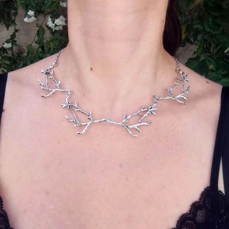

Branch Twig & Antler Bib Necklace Silvertone Statement Into the Woods Woodland Forest Gothic Magical Elven Jewelry TWIG K3LFI04I