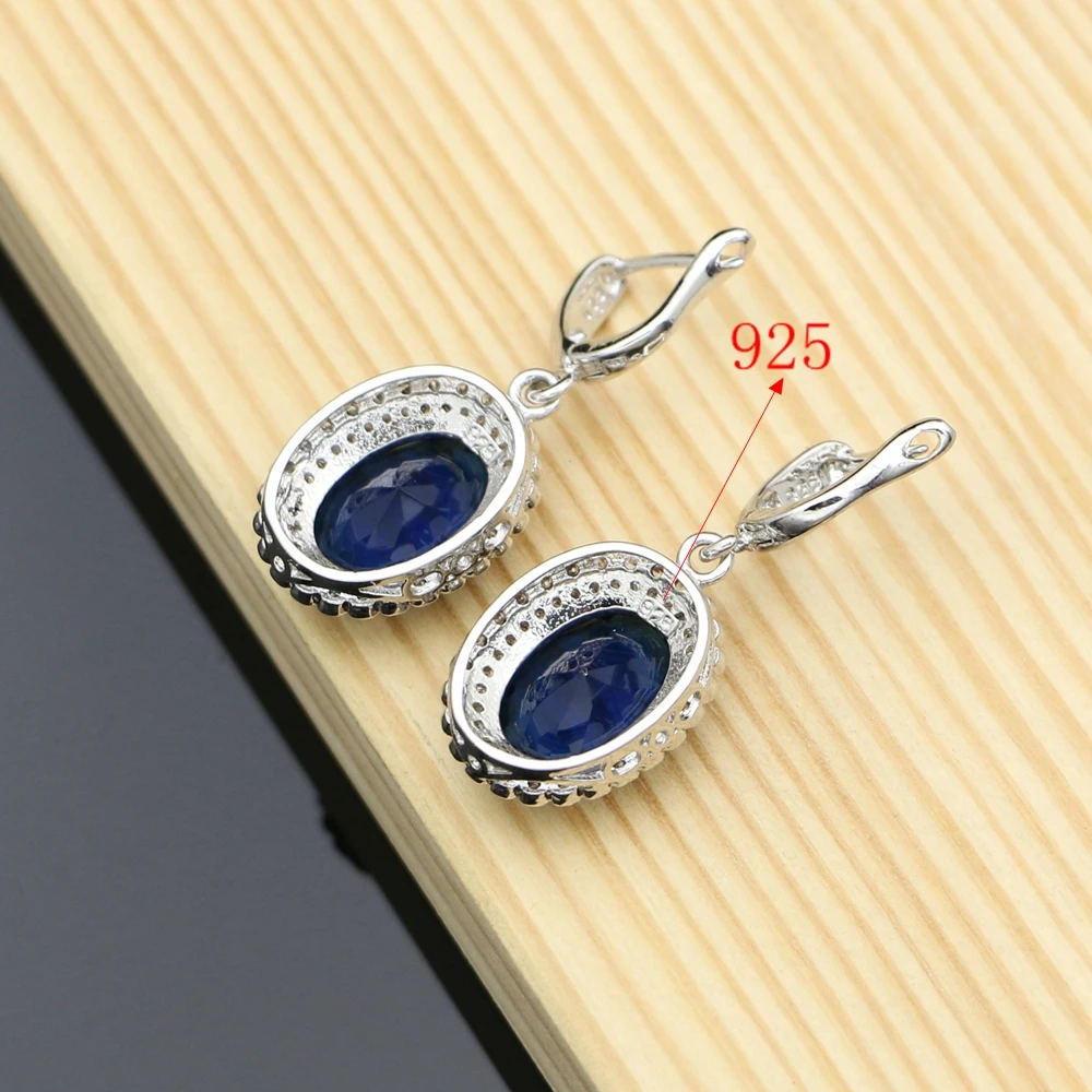Серьги из синего камня с белым кристаллом серебро 925 пробы украшения для невесты