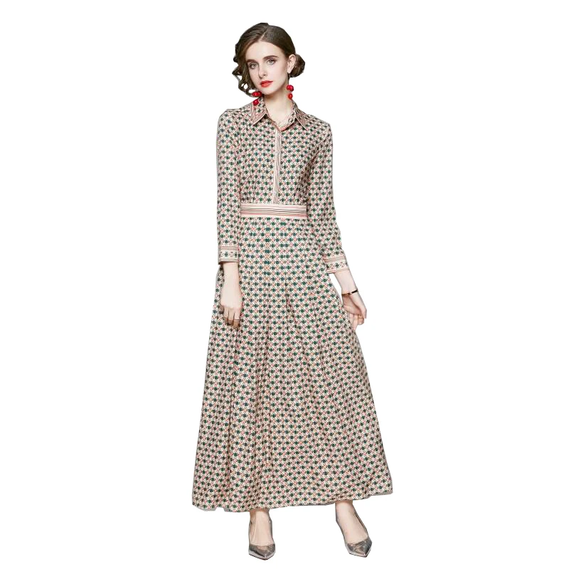 

2021 High Quality Newest Fashion Runway Dress Women's Robe Long Sleeve Crystal Retro Floral Elegant Printed Vintage Party Dress
