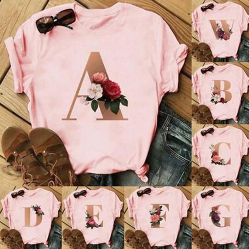 

tops tshirt women 2021 summer fashion gold 26-letter flowers printed T-shirts for men and femme couples crops top Kawaii T shirt