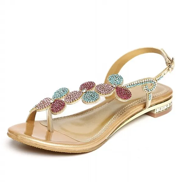 

2021 New Bohemian Beaded Sandals Women Flat High Heels Shoes Large Size Shoes Woman Rhinestone Sandalias Crystal Female D0053