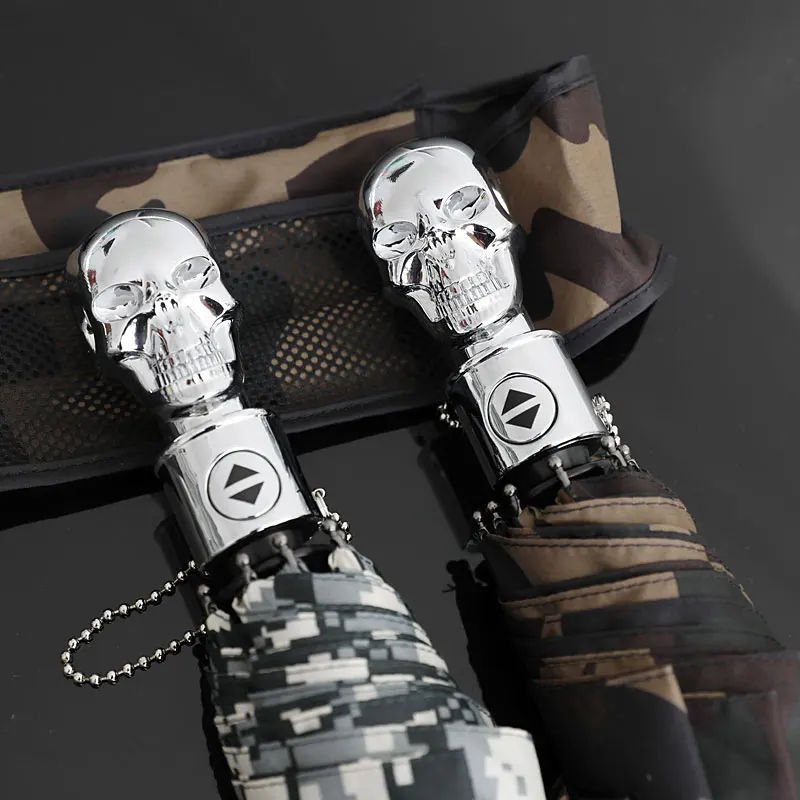 Vintage Camouflage Skull Fully-automaticlly Umbrella Punk High Quality Wind Resistant Portable Three Folding Gift for Men Girls | Дом и сад