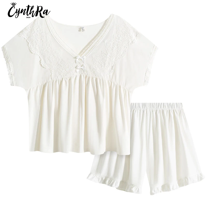 CYNTHRA/Хлопковая пижама с короткими рукавами Костюм Женские летние шорты в стиле