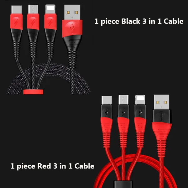 1PC Black 1PC Red ACCEZZ 3 в 1 USB зарядное устройство кабель для передачи данных 3A Быстрая зарядка для iPhone 7 8 6 X XS XR samsung Xiaomi huawei прочный кабель для мобильного телефона - Цвет: 1PC Black 1PC Red