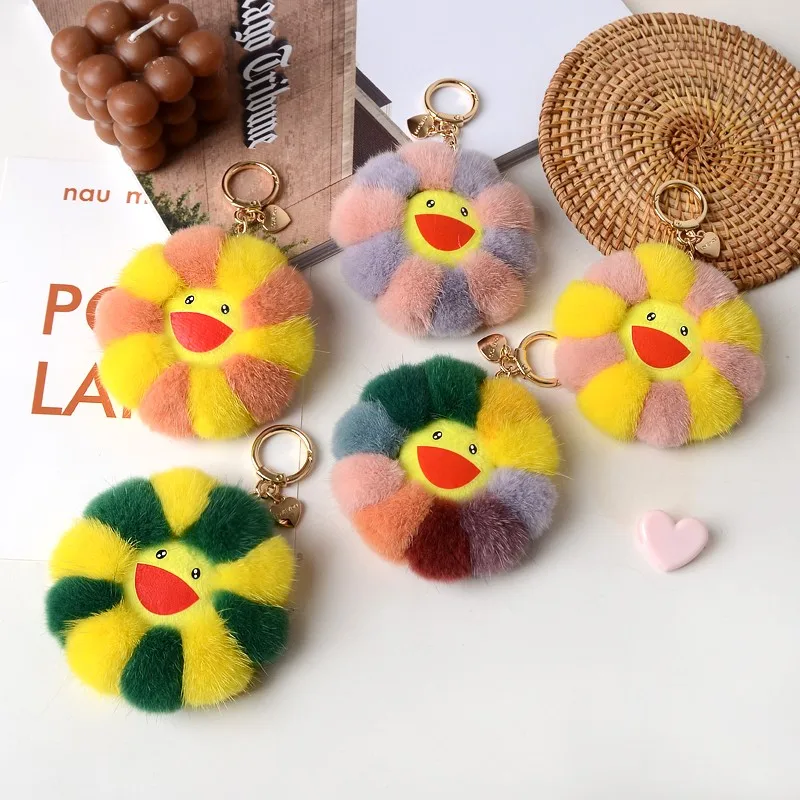 Кольцо с подвеской в виде цветка из 2021 натурального меха норки помпоном для сумки