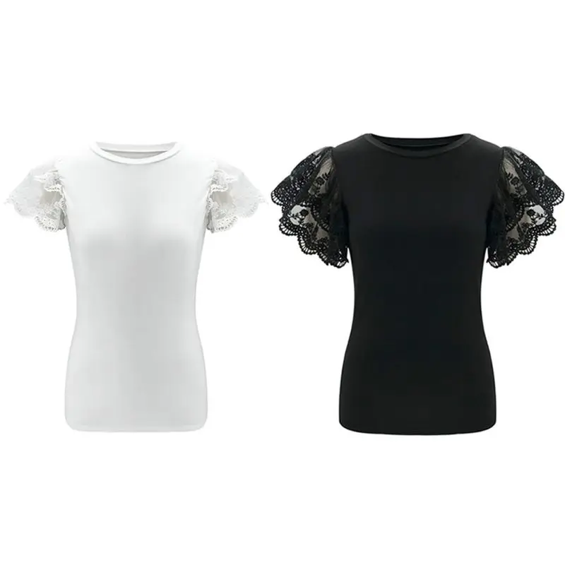 

Women Short Sleeve Blouse Embroidery Floral Lace Patchwork O-Neck Solid Shirts