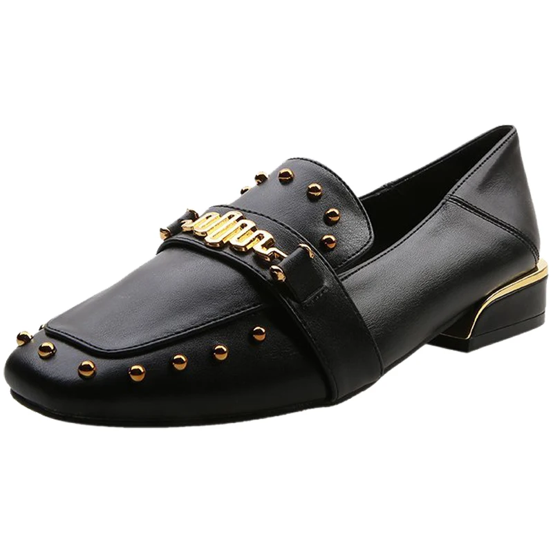 

WOMAN Spring New chunky heel Doug single-layer rivet all-match mid heel black leather shoes for womens shoes heels ladies