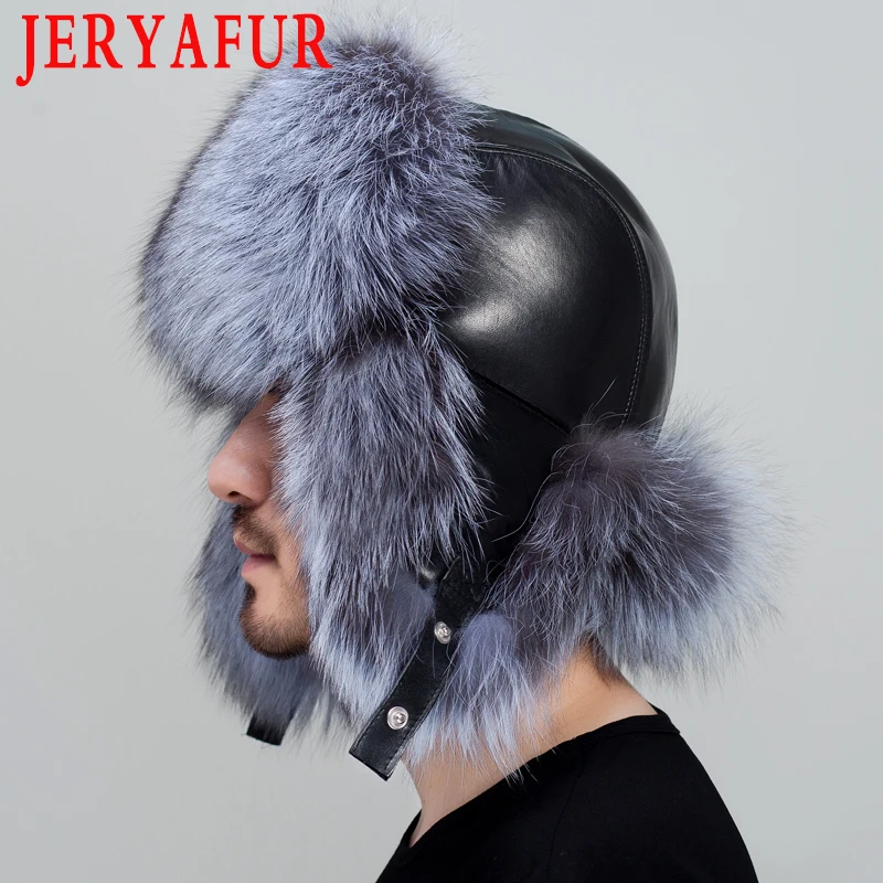 JERYAFUR русская кожаная Кожаная Шапка-бомбер мужская зимняя шапка наушники мужские