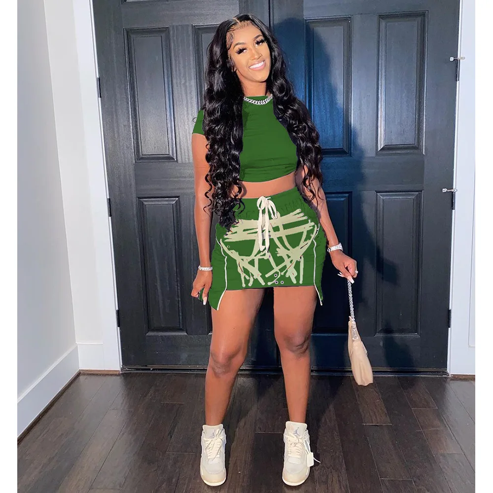 

Summer Skirt Two Piece Set Women Fashion Casual Round Neck Short-sleeved Tops Drawstring Print Mini Skirt Suit Women