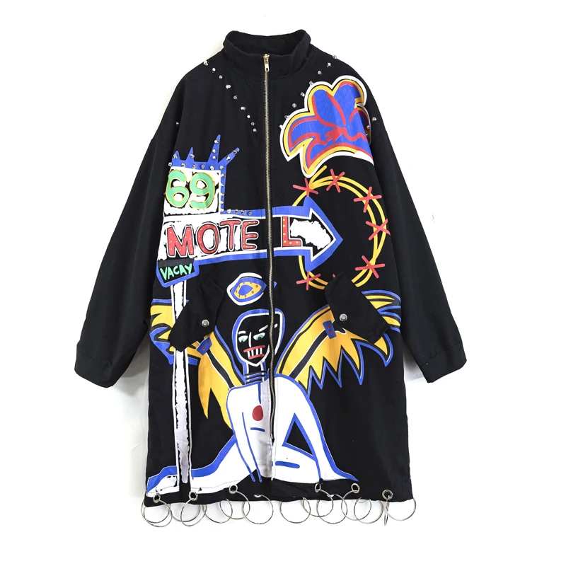

Vefadisa Black Plus Size Cartoon Print Women Overcoat 2020 Autumn Zippers Iron Ring Decoration Hand-painted Women Coat QYF3349