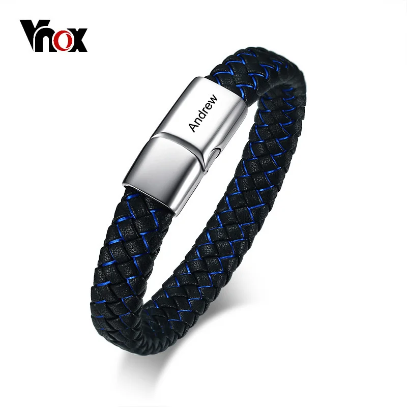 Мужской браслет с гравировкой Vnox плетеный из натуральной кожи синего и черного