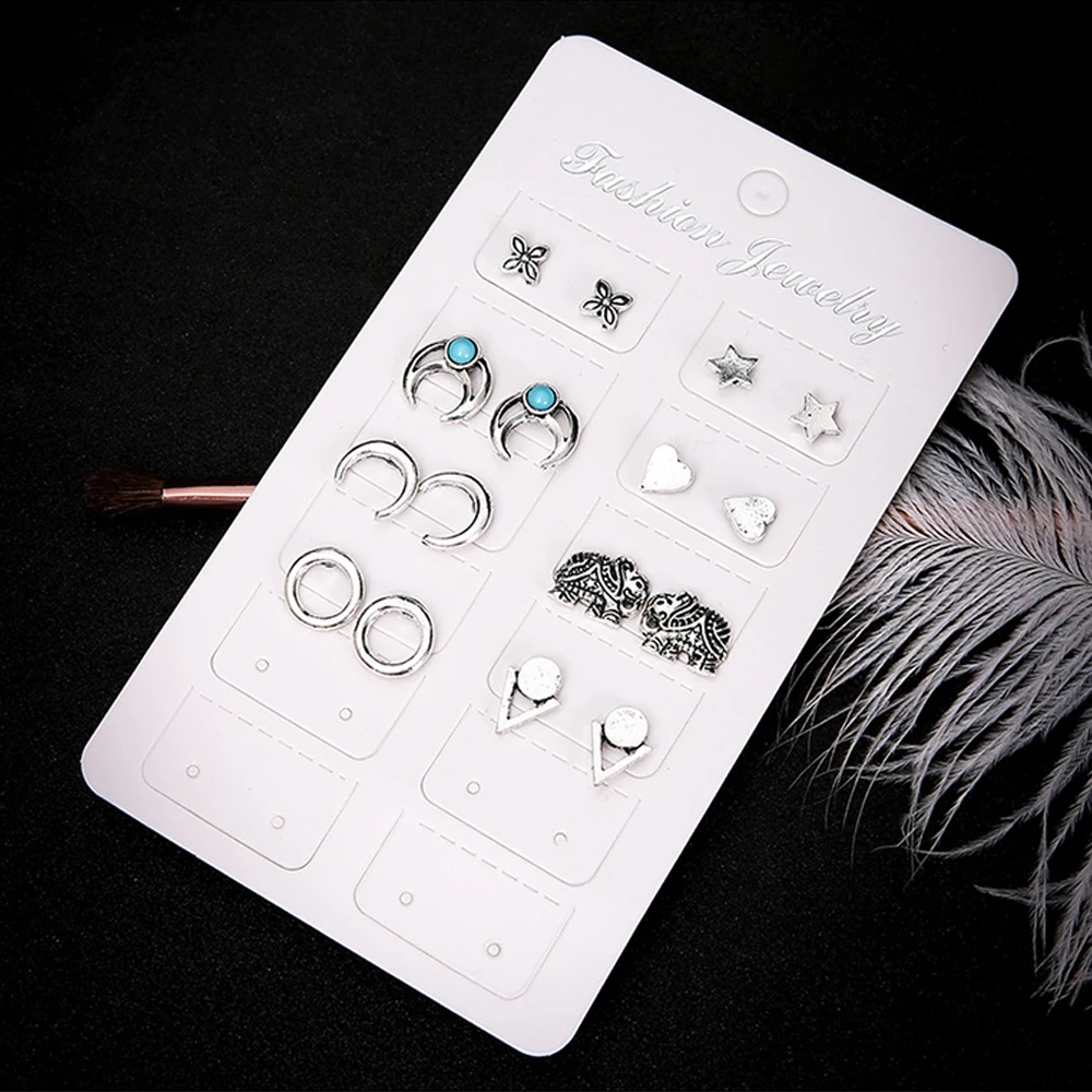 

Bohemian Fashion Retro Mond Sterne Herz Hohlen Dreieck Geschnitzte Silber Farbe Ohrringe Set Frauen Charme Schmuck