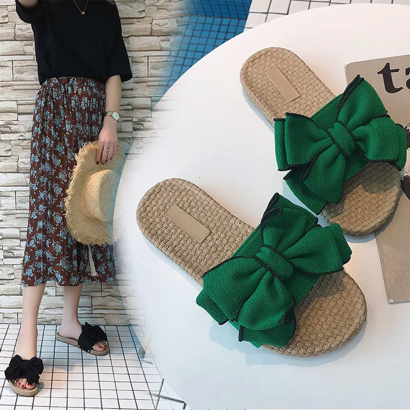 

2021 New Summer Slippers Flats Flip Flops Women's Fashion Beach Shoes Big Bowknot Flat With Sandals Modern Slippers Slides
