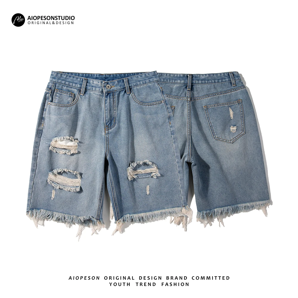 

AIOPESON Original Design Ripped Denim Shorts Men's Women's Retro Street Trend Shorts Men's Pants