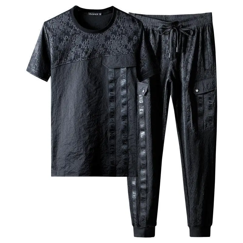 

Camouflage casual Outfits men's 2021 new summer Korean trend slim personality ribbon decoration men's two-piece set