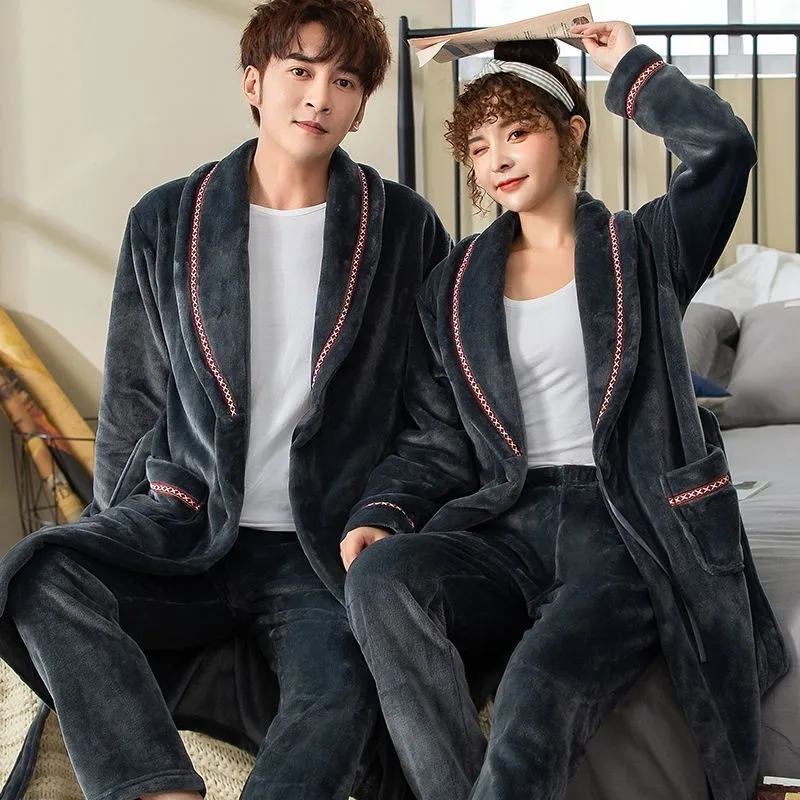 Фланелевый костюм халат для влюбленных зимний теплый Свадебный и штаны комплект