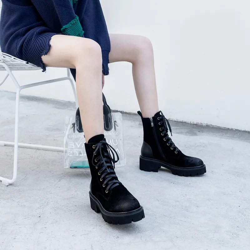 

British Fashion Women Laec Up Cow Suede Leather Ankle Boots High Top Thick Platform Shoes Casual Punk Motorcycle Biker Boots