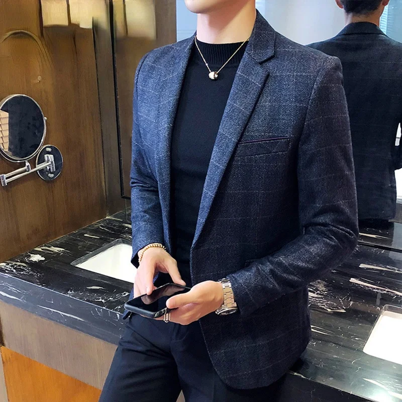 

Men's Blazer British's Style Casual Slim Fit Suit Jacket Male Plaid Blazers Men Coat Terno Masculino Plus Size M-5XL