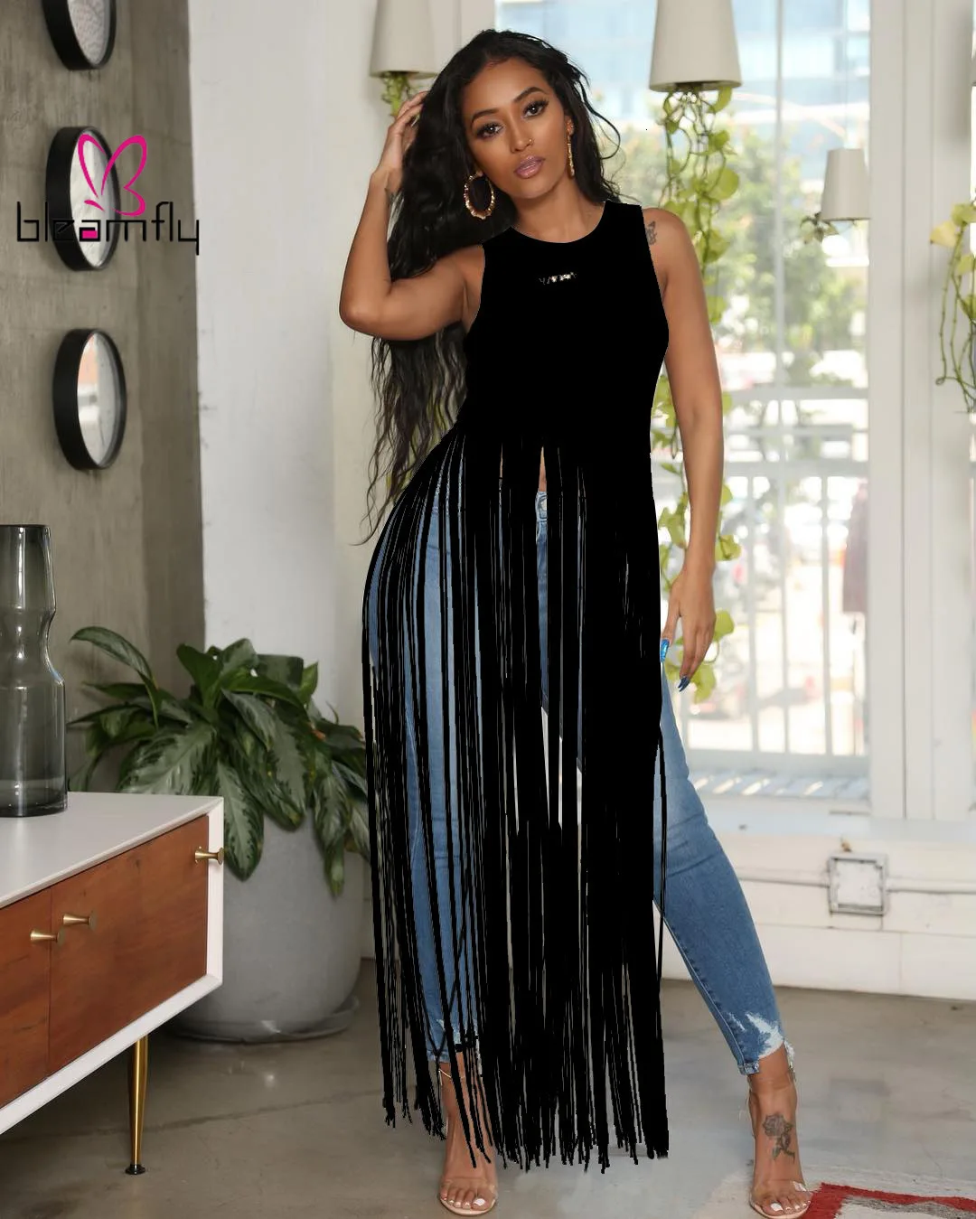 Длинное сексуальное платье без рукавов с кисточками черное повседневное летнее