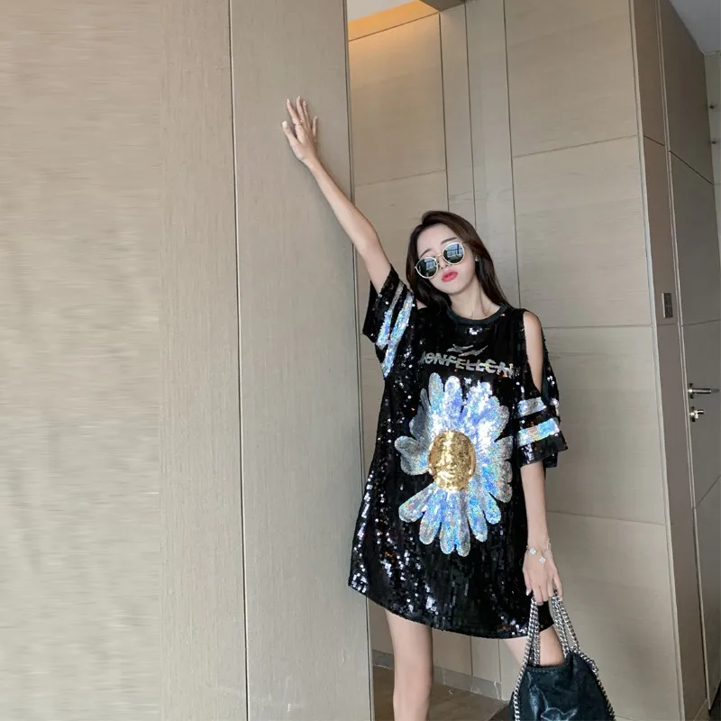 

QING MO Black Women Daisy T Shirt 2021 Newest Women Full Sequin T Shirt Female Summer Off Shoulder T Shirt ZQY4418