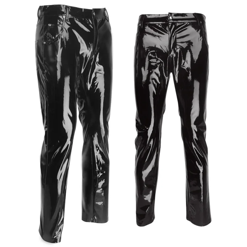 Hot Sexy Men Gay Glossy PU Leather Pants Wetlook Long Johns Skinny Muscle Trousers Fetish Club Wear Costume | Тематическая одежда