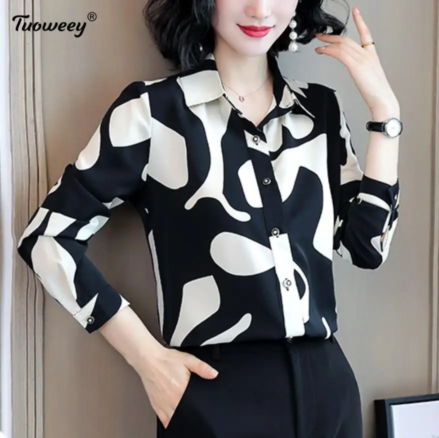 

Женские рубашки и блузки 2022, женственная Цветочная блузка, Топ с длинным рукавом, повседневные пуговицы, отложной воротник, OL стиль, Женская ...